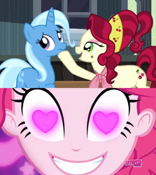 Size: 852x954 | Tagged: safe, edit, edited screencap, screencap, character:cherry jubilee, character:pinkie pie, character:trixie, species:earth pony, species:pony, species:unicorn, episode:coinky-dink world, episode:the last roundup, eqg summertime shorts, g4, my little pony: equestria girls, my little pony: friendship is magic, my little pony:equestria girls, building, eyelashes, female, heart, heart eyes, meme, pinkie's eyes, shipping, shipping domino, smiling, wingding eyes