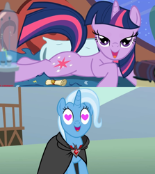 Size: 1280x1436 | Tagged: safe, edit, edited screencap, screencap, character:trixie, character:twilight sparkle, character:twilight sparkle (unicorn), species:pony, species:unicorn, ship:twixie, episode:magic duel, g4, my little pony: friendship is magic, alicorn amulet, bed, female, heart eyes, lesbian, scroll, shipping, shipping domino, wingding eyes