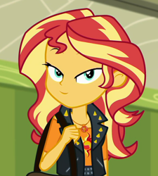 Size: 672x747 | Tagged: safe, edit, edited screencap, screencap, character:sunset shimmer, episode:sock it to me, g4, my little pony: equestria girls, my little pony:equestria girls, spoiler:choose your own ending (season 2), spoiler:eqg series (season 2), bag, clothing, cropped, cute, faec, female, geode of empathy, hallway, lidded eyes, lockers, looking at you, magical geodes, shirt, solo, vest