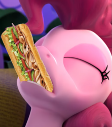 Size: 557x629 | Tagged: safe, edit, edited screencap, screencap, character:pinkie pie, species:earth pony, species:pony, 3d, choking, cropped, eyelashes, eyes closed, female, food, hello pinkie pie, not porn, sandwich, sandwich censorship, solo, wat, why