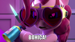 Size: 700x394 | Tagged: safe, edit, edited screencap, screencap, character:pinkie pie, 3d, bend over, blowtorch, caption, goggles, hello pinkie pie, image macro, meme, text, torchie pie