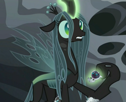Size: 1319x1071 | Tagged: safe, edit, edited screencap, screencap, character:grubber, character:queen chrysalis, species:changeling, episode:the times they are a changeling, g4, my little pony: friendship is magic, my little pony: the movie (2017), changeling larva, changeling queen, cropped, female, grub, magic, male, pun, shocked, telekinesis