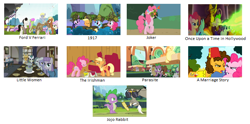 Size: 720x357 | Tagged: safe, edit, edited screencap, screencap, character:angel bunny, character:apple bloom, character:applejack, character:capper dapperpaws, character:cheese sandwich, character:cloudy quartz, character:derpy hooves, character:discord, character:gummy, character:igneous rock pie, character:limestone pie, character:marble pie, character:maud pie, character:meadow song, character:merry may, character:opalescence, character:owlowiscious, character:pinkie pie, character:rainbow dash, character:rarity, character:scootaloo, character:spike, character:sweetie belle, character:tank, character:twilight sparkle, character:winona, species:pegasus, species:pony, episode:a friend in deed, episode:dragon quest, episode:games ponies play, episode:griffon the brush-off, episode:hearthbreakers, episode:pinkie pride, episode:the cart before the ponies, episode:twilight's kingdom, g4, my little pony: friendship is magic, my little pony: the movie (2017), 1917, a marriage story, blue lily, cutie mark crusaders, ford v ferrari, jojo rabbit, joker (2019), little women, once upon a time in hollywood, oscars, parasite (movie), pie sisters, siblings, sisters, smile song, the irishman, young rarity