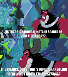 Size: 1458x1636 | Tagged: safe, edit, edited screencap, screencap, character:lord tirek, character:queen chrysalis, species:centaur, species:changeling, episode:the ending of the end, g4, my little pony: friendship is magic, angry, beard, caption, changeling queen, crown, eyes closed, facial hair, female, flying, horns, image macro, impact font, jewelry, meme, nose piercing, nose ring, piercing, pouting, regalia, shackles, text, ultimate chrysalis, wings