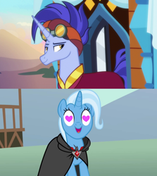 Size: 1280x1436 | Tagged: safe, edit, edited screencap, screencap, character:hoo'far, character:trixie, species:pony, ship:trixfar, episode:magic duel, episode:on the road to friendship, g4, my little pony: friendship is magic, alicorn amulet, female, heart eyes, male, shipping, shipping domino, straight, wingding eyes