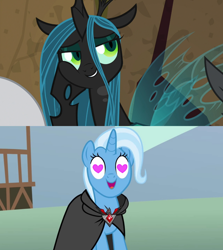 Size: 1280x1436 | Tagged: safe, edit, edited screencap, screencap, character:lord tirek, character:queen chrysalis, character:trixie, episode:frenemies, episode:magic duel, g4, my little pony: friendship is magic, alicorn amulet, female, heart eyes, lesbian, shipping, shipping domino, trixalis, wingding eyes