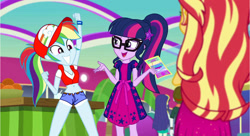 Size: 1282x699 | Tagged: safe, edit, edited screencap, screencap, character:blueberry cake, character:rainbow dash, character:scott green, character:sunset shimmer, character:twilight sparkle, g4, my little pony: equestria girls, my little pony:equestria girls, spoiler:eqg series (season 2), blueberry cake, clothes edit, clothing, cosplay, costume, scott green, terry bogard