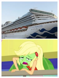 Size: 3106x4096 | Tagged: safe, edit, edited screencap, screencap, character:applejack, equestria girls:spring breakdown, g4, my little pony: equestria girls, my little pony:equestria girls, boat, coronavirus, covid-19, cruise, cruise ship, diamond princess, female, freckles, green face, japan, nausea, nauseous, photo, seasickness, solo, this will not end well, we are going to hell