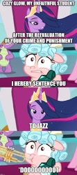 Size: 747x1689 | Tagged: safe, edit, edited screencap, screencap, character:cozy glow, character:twilight sparkle, character:twilight sparkle (alicorn), species:alicorn, species:pony, episode:the ending of the end, episode:the last problem, g4, my little pony: friendship is magic, asdfmovie, cozy glow's sentence, cozybuse, doot, meme, musical instrument, princess twilight 2.0, text, trumpet