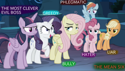 Size: 1650x940 | Tagged: safe, edit, edited screencap, screencap, character:fluttershy, character:mean applejack, character:mean fluttershy, character:mean pinkie pie, character:mean rainbow dash, character:mean rarity, character:mean twilight sparkle, character:rainbow dash, episode:the mean 6, g4, my little pony: friendship is magic, caption, clone, clone six