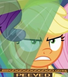 Size: 230x259 | Tagged: safe, edit, edited screencap, screencap, character:applejack, character:fluttershy, character:rarity, episode:the ending of the end, g4, my little pony: friendship is magic, 200% mad, applejack is not amused, cropped, meme, peeved, solo focus, unamused