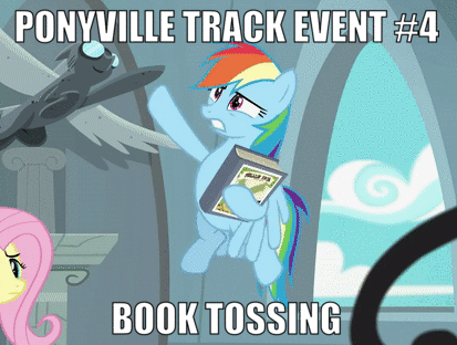Size: 413x312 | Tagged: safe, edit, edited screencap, screencap, character:fluttershy, character:rainbow dash, episode:daring doubt, g4, my little pony: friendship is magic, animated, book, caption, cropped, duo, image macro, meme, olympics, rainbow dash's house, solo focus, text, throwing