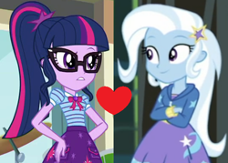 Size: 538x386 | Tagged: safe, edit, edited screencap, screencap, character:trixie, character:twilight sparkle, character:twilight sparkle (scitwi), species:eqg human, ship:twixie, episode:overpowered, episode:sock it to me, g4, my little pony: equestria girls, my little pony:equestria girls, spoiler:eqg series (season 2), female, lesbian, sci-twixie, shipping, shipping domino