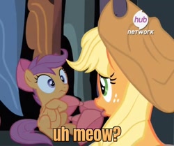Size: 967x810 | Tagged: safe, edit, edited screencap, screencap, character:applejack, character:scootaloo, species:pegasus, species:pony, episode:somepony to watch over me, g4, my little pony: friendship is magic, apple bloom's bow, bow, caught, closet, cropped, hair bow, hub logo, meow, sonic movie 2020, sonic the hedgehog (series)