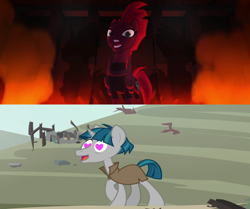 Size: 1920x1608 | Tagged: safe, edit, edited screencap, screencap, character:stygian, character:tempest shadow, episode:shadow play, g4, my little pony: friendship is magic, my little pony: the movie (2017), cute, female, heart eyes, male, open up your eyes, shadow, shipping, shipping domino, steam, straight, stygianbetes, tempgian, typo in the description, wingding eyes
