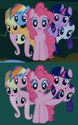 Size: 600x960 | Tagged: safe, edit, edited screencap, screencap, character:applejack, character:fluttershy, character:pinkie pie, character:rainbow dash, character:rarity, character:twilight sparkle, episode:friendship is magic, g4, my little pony: friendship is magic, appleflaritwidashpie, fusion, hydra, hydra pony, hydrafied, mane six, multiple heads, species swap, wat