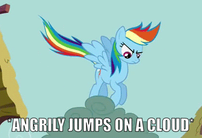 Size: 414x283 | Tagged: safe, edit, edited screencap, screencap, character:rainbow dash, species:pegasus, species:pony, episode:ponyville confidential, g4, my little pony: friendship is magic, angry, animated, caption, female, image macro, jumping, mare, meme, text