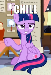 Size: 375x550 | Tagged: safe, edit, edited screencap, screencap, character:twilight sparkle, character:twilight sparkle (alicorn), species:alicorn, species:pony, episode:the summer sun setback, g4, my little pony: friendship is magic, caption, chill, cropped, female, image macro, mare, meme, raised hoof, sitting, smug, smuglight sparkle, solo, text