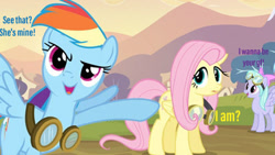 Size: 400x225 | Tagged: safe, edit, edited screencap, screencap, character:flitter, character:fluttershy, character:rainbow dash, species:pegasus, species:pony, episode:hurricane fluttershy, g4, my little pony: friendship is magic, bow, goggles, meme, simple background