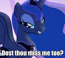 Size: 811x719 | Tagged: safe, edit, edited screencap, screencap, character:princess luna, species:alicorn, species:pony, episode:to where and back again, g4, my little pony: friendship is magic, bronybait, caption, cropped, female, image macro, looking at you, mare, meme, smiling, solo, text