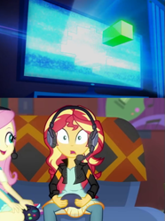 Size: 405x544 | Tagged: safe, edit, edited screencap, screencap, character:fluttershy, character:sunset shimmer, episode:game stream, g4, my little pony: equestria girls, my little pony:equestria girls, spoiler:eqg series (season 2), clothing, controller, couch, cropped, gamer sunset, gamershy, glitch techs, headphones, looking at you, netflix, nickelodeon, poster, video game