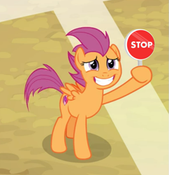 Size: 529x546 | Tagged: safe, edit, edited screencap, screencap, character:scootaloo, species:pegasus, species:pony, episode:growing up is hard to do, g4, my little pony: friendship is magic, cropped, female, grin, hoof hold, hooves, mare, older, older scootaloo, smiling, solo, spread wings, stop sign, windswept mane, wings