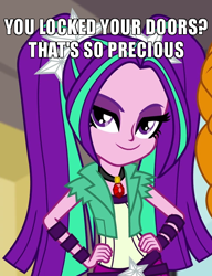 Size: 500x650 | Tagged: safe, edit, edited screencap, screencap, character:adagio dazzle, character:aria blaze, equestria girls:rainbow rocks, g4, my little pony: equestria girls, my little pony:equestria girls, breaking and entering, caption, cropped, gem, image macro, lockpicking, meme, offscreen character, pigtails, siren gem, smiling, smirk, solo focus, stalker, text, twintails