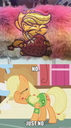 Size: 600x1078 | Tagged: safe, edit, edited screencap, screencap, character:applejack, species:earth pony, species:pony, episode:winter wrap up, g4, my little pony: friendship is magic, my little pony:pony life, eyes closed, facehoof, female, food, freckles, mare, strawberry, winter wrap up vest