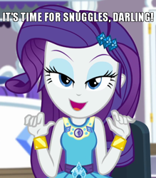 Size: 570x650 | Tagged: safe, edit, edited screencap, screencap, character:rarity, episode:camping must-haves, g4, my little pony: equestria girls, my little pony:equestria girls, spoiler:eqg series (season 2), caption, cropped, darling, female, image macro, imma snuggle you, lidded eyes, looking at you, meme, solo, text