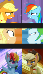 Size: 1229x2084 | Tagged: safe, edit, screencap, character:applejack, character:rainbow dash, species:earth pony, species:pegasus, species:pony, episode:a trivial pursuit, episode:queen of clubs, g4, my little pony: equestria girls, my little pony: friendship is magic, my little pony: stop motion short, my little pony:equestria girls, my little pony:pony life, comparison, confrontation, pillow, pillow fight (short)