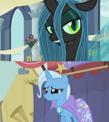 Size: 1280x1436 | Tagged: safe, edit, screencap, character:queen chrysalis, character:trixie, episode:a canterlot wedding, episode:boast busters, g4, my little pony: friendship is magic, female, forced meme, lesbian, meme, shipping, shipping domino, trixalis