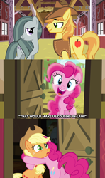 Size: 1280x2160 | Tagged: safe, edit, edited screencap, screencap, character:applejack, character:braeburn, character:marble pie, character:pinkie pie, species:pony, ship:braeble, episode:pinkie apple pie, g4, my little pony: friendship is magic, barn, caption, clothing, confused, cousins, excited, female, hat, hug, huh, looking at each other, male, mare, pinkie logic, reaction, shipper on deck, shipper pie, shipping, shipping fuel, smiling, straight