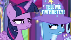 Size: 1280x720 | Tagged: safe, edit, edited screencap, screencap, character:trixie, character:twilight sparkle, character:twilight sparkle (alicorn), species:alicorn, species:pony, episode:no second prances, g4, my little pony: friendship is magic, caption, image macro, meme, text, the fairly odd parents, trixie tang, trixie yells at everything