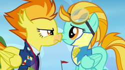 Size: 1280x720 | Tagged: safe, edit, edited screencap, screencap, character:lightning dust, character:spitfire, species:hippogriff, species:pegasus, species:pony, episode:wonderbolts academy, angry, boop, clothing, duo, eye contact, face to face, female, frown, glare, goggles, hippogriffied, lead pony, lead pony badge, looking at each other, mare, nose to nose, nose wrinkle, noseboop, out of context, scrunchy face, species swap, standing, uniform, wonderbolt trainee uniform