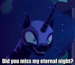Size: 1245x1080 | Tagged: safe, edit, edited screencap, screencap, character:nightmare moon, character:princess luna, species:alicorn, species:pony, episode:the cutie re-mark, alternate timeline, caption, cropped, ethereal mane, female, galaxy mane, grin, image macro, mare, meme, nightmare takeover timeline, smiling, solo, text