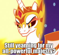 Size: 772x720 | Tagged: safe, edit, edited screencap, screencap, character:daybreaker, character:princess celestia, species:alicorn, species:pony, episode:a royal problem, g4, my little pony: friendship is magic, caption, cropped, female, flowing mane, image macro, mare, meme, smiling, smug, solo, text