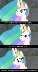 Size: 1276x2420 | Tagged: safe, edit, edited screencap, screencap, character:princess celestia, episode:horse play, g4, my little pony: friendship is magic, spoilers for another series, angry, breaking bad, caption, female, jewelry, meta, regalia, sad, solo