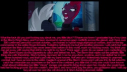 Size: 1280x720 | Tagged: safe, edit, edited screencap, screencap, character:grubber, character:tempest shadow, species:pony, species:unicorn, my little pony: the movie (2017), angry, animated, bragging, canterlot castle, close-up, copypasta, dialogue, glare, lecture, loop, magic, meme, navy seal copypasta, no sound, reversed, shit just got real, text, text edit, vulgar, wall of text, webm