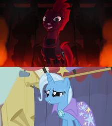 Size: 1280x1436 | Tagged: safe, edit, screencap, character:tempest shadow, character:trixie, episode:boast busters, g4, my little pony: friendship is magic, my little pony: the movie (2017), broken horn, female, forced meme, horn, lesbian, meme, shipping, shipping domino, tempestrix