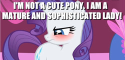 Size: 687x331 | Tagged: safe, edit, edited screencap, screencap, character:rarity, episode:green isn't your color, g4, my little pony: friendship is magic, blushing, caption, denial, embarrassed, female, i'm not cute, image macro, meme, solo, text