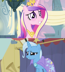 Size: 1280x1436 | Tagged: safe, edit, edited screencap, screencap, character:princess cadance, character:trixie, ship:tridance, episode:a canterlot wedding, episode:boast busters, g4, my little pony: friendship is magic, female, forced meme, lesbian, meme, shipping, shipping domino