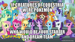 Size: 800x450 | Tagged: safe, edit, edited screencap, screencap, character:applejack, character:berry blend, character:berry bliss, character:citrine spark, character:fire quacker, character:fluttershy, character:gallus, character:huckleberry, character:november rain, character:ocellus, character:peppermint goldylinks, character:pinkie pie, character:rainbow dash, character:rarity, character:sandbar, character:silverstream, character:smolder, character:spike, character:starlight glimmer, character:strawberry scoop, character:twilight sparkle, character:twilight sparkle (alicorn), character:yona, species:alicorn, species:changedling, species:dragon, species:earth pony, species:pegasus, species:pony, species:unicorn, season 8, spoiler:s08, caption, crossover, dragoness, female, friendship student, image macro, looking at you, male, mane seven, mane six, mare, meme, pokémon, smiling, smiling at you, stallion, student six, text