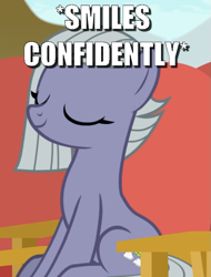 Size: 613x808 | Tagged: safe, edit, edited screencap, screencap, character:limestone pie, episode:rock solid friendship, g4, my little pony: friendship is magic, caption, confident, cropped, eyes closed, female, image macro, meme, smiling, solo, text, when she smiles