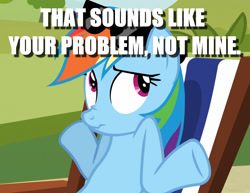 Size: 1181x910 | Tagged: safe, edit, edited screencap, screencap, character:rainbow dash, episode:too many pinkie pies, g4, my little pony: friendship is magic, caption, cropped, female, image macro, meme, scrunchy face, shrug, solo, sunglasses, text