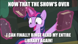 Size: 1369x771 | Tagged: safe, edit, edited screencap, screencap, character:twilight sparkle, character:twilight sparkle (alicorn), species:alicorn, species:pony, equestria girls:forgotten friendship, g4, my little pony: equestria girls, my little pony:equestria girls, after the show, book, bookhorse, caption, excited, image macro, meme, text, that pony sure does love books