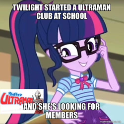 Size: 720x720 | Tagged: safe, edit, edited screencap, screencap, character:twilight sparkle, character:twilight sparkle (scitwi), species:eqg human, my little pony:equestria girls, caption, cropped, female, glasses, grammar error, image macro, meme, smiling, solo, text