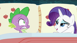 Size: 1280x720 | Tagged: safe, edit, edited screencap, screencap, character:rarity, character:spike, species:dragon, species:pony, species:unicorn, ship:sparity, episode:28 pranks later, g4, my little pony: friendship is magic, applejack's bed partner, exploitable meme, female, male, mare, meme, shipping, straight, sweat