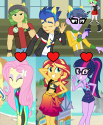 Size: 1471x1784 | Tagged: safe, edit, edited screencap, screencap, character:flash sentry, character:fluttershy, character:microchips, character:sandalwood, character:sunset shimmer, character:twilight sparkle, character:twilight sparkle (scitwi), species:eqg human, ship:flashimmer, ship:microlight, episode:a banner day, equestria girls:forgotten friendship, g4, my little pony: equestria girls, my little pony:equestria girls, belly button, female, male, sandalshy, shipping, shipping domino, straight