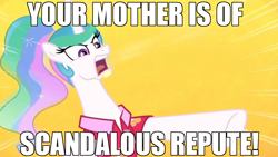 Size: 1280x720 | Tagged: safe, edit, edited screencap, screencap, character:princess celestia, species:alicorn, species:pony, episode:between dark and dawn, g4, my little pony: friendship is magic, alternate hairstyle, angry, caption, clothing, female, hawaiian shirt, image macro, meme, pointing, ponytail, rage, shirt, simple background, solo, text, traditional royal canterlot voice, yelling, yellow background, your mom