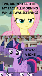 Size: 1116x2008 | Tagged: safe, edit, edited screencap, screencap, character:fluttershy, character:twilight sparkle, character:twilight sparkle (alicorn), species:alicorn, species:pony, episode:sweet and smoky, g4, my little pony: friendship is magic, angry, caption, cropped, dialogue, female, fluttershy is not amused, glare, image macro, implied farting, mare, solo, text, unamused